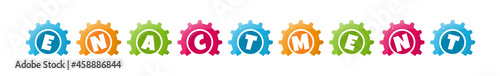 Photos Enactment - text written inside colorful gears on white background