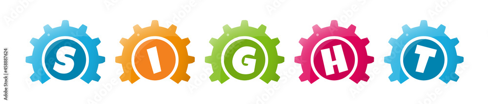 Sight - text written inside colorful gears on white background Sight - text written inside colorful gears on white background