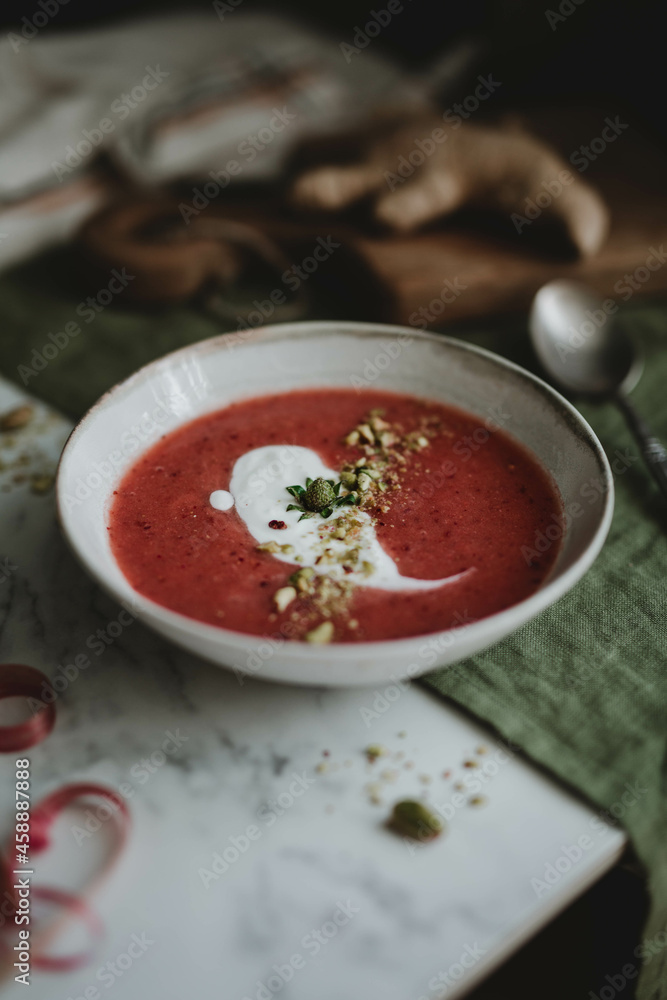 cold red strawberry and rhubarb soup with ginger cold red strawberry and rhubarb soup with ginger
