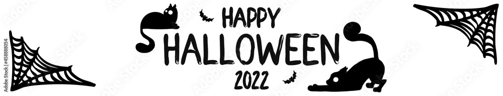 black and white text banner, leaderboard, lead stand for website. Happy Halloween 2022 greetings with cute cats, bats and cobwebs. For festive decoration, prints, packaging, postcards, design various black and white text banner, leaderboard, lead stand for website. Happy Halloween 2022 greetings with cute cats, bats and cobwebs. For festive decoration, prints, packaging, postcards, design various