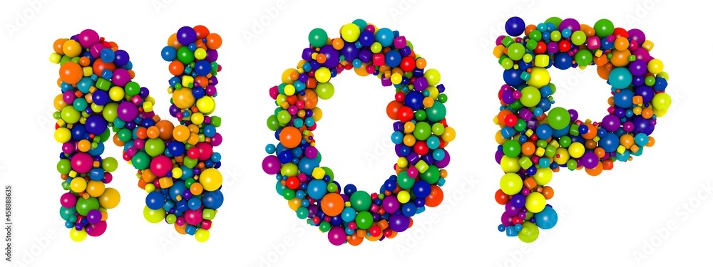 Multicolored letters N O P. Funny 3D illustration. Glossy multicolored decorative balls text. Multicolored letters N O P. Funny 3D illustration. Glossy multicolored decorative balls text.