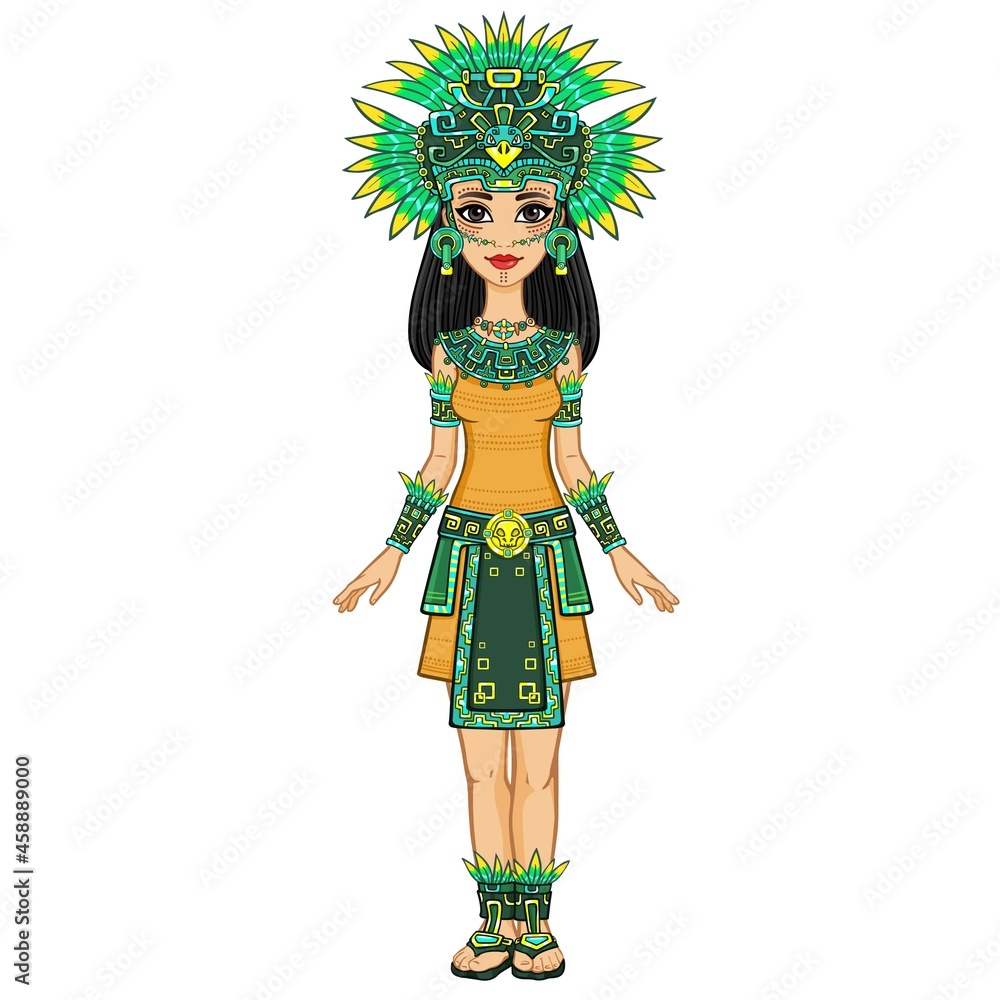 Animation portrait of the beautiful girl in a dress of the Native American Indian. Full growth. Vector illustration isolated on a white background.