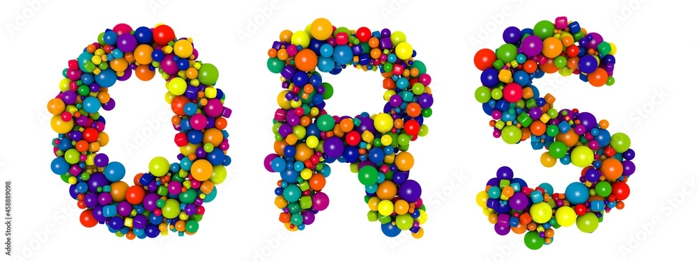 Multicolored letters Q R S. Funny 3D illustration. Glossy multicolored decorative balls text.