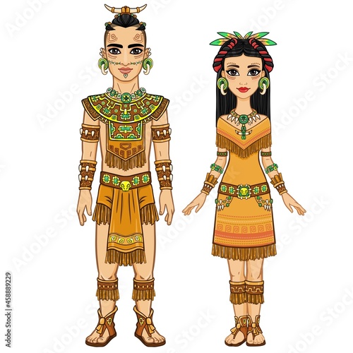 Animation portrait of a family in a dress of the Native American Indian. Full growth. Vector illustration isolated on a white background.
