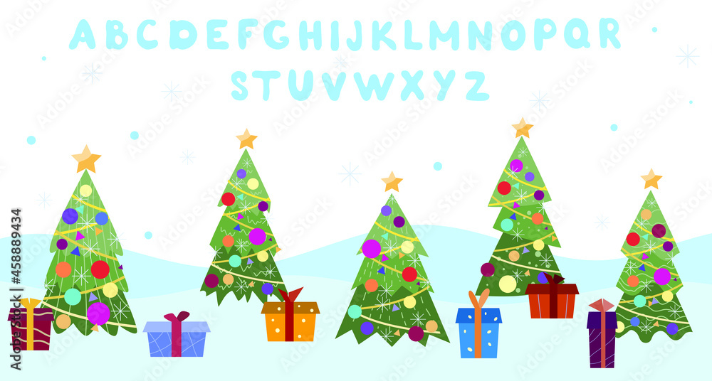Alphabet, sans serif font. Capital letters. Christmas, New Year landscape with trees and gift boxes.