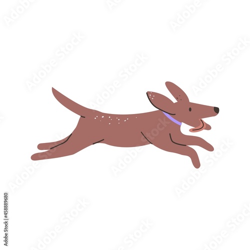 Cute happy dog running fast with tongue out. Small funny puppy jumping. Active excited doggy walking. Profile of adorable canine animal in motion. Flat vector illustration isolated on white background