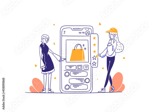 Customer Give Product Review and Stars Online Marketplace Smartphone Application concept Illustration in Outline Hand Drawn Design Style
