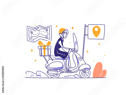 Online Shop Free Courier deliver item with motorcycle concept Illustration in Outline Hand Drawn Design Style
