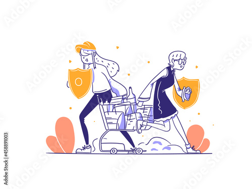 E-commerce Market Application Business Shield Safe Protection Icon concept Illustration in Outline Hand Drawn Design Style