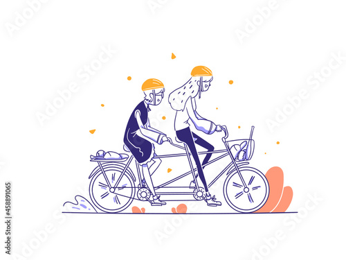 Ecommerce Sport category People Ride Tandem Bike concept Illustration in Outline Hand Drawn Design Style
