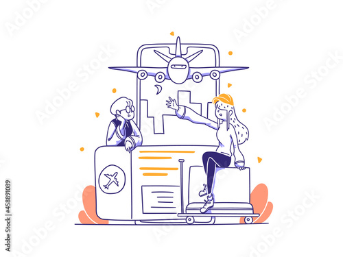 Consumer Choose Traveling Plane Ticket Offered By Airlines E-commerce Marketplace Application Icon concept Illustration in Outline Hand Drawn Design Style