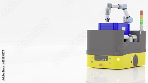 AGV ( (Automated guided vehicle) with drive roller and COBOT on white background. 3D illustration