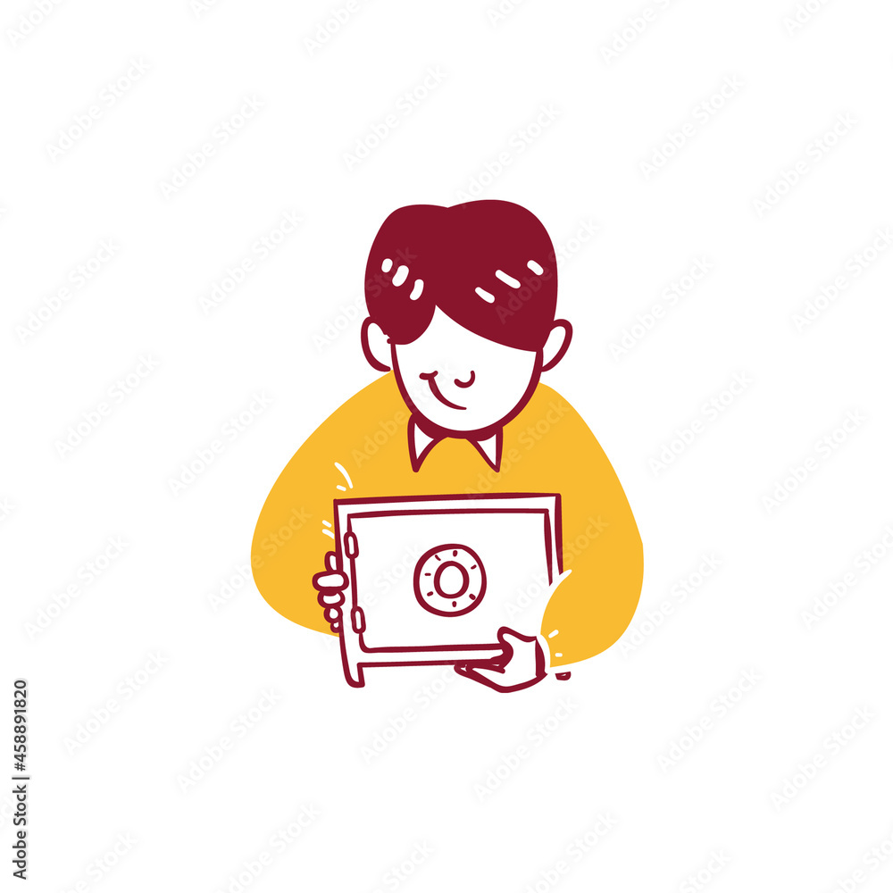 Business Finance man Protect and Save Money in Safety box Concept Icon Illustration in Outline Hand Drawn Design Style Business Finance man Protect and Save Money in Safety box Concept Icon Illustration in Outline Hand Drawn Design Style