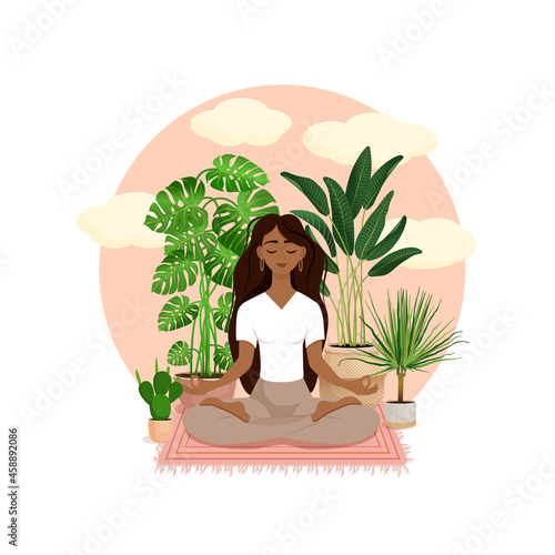 Beautiful African American brunette girl in a lotus pose surrounded by plants. Vector illustration of a meditating woman at home. Harmony and balance. Crossed legs. Girl in the interior.