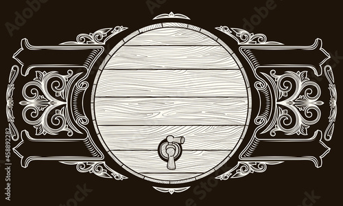 Wooden barrel ornate retro decorative black and white emblem