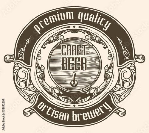 Craft beer artisan brewery - wooden barrel decorative monochrome emblem
