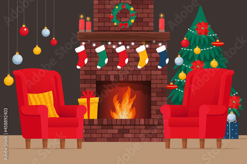 Brick classic fireplace with socks, christmas tree, candle, balls, gifts and wreath. Cozy interior with fireplace and armchairs. Сhristmas, New Year holiday. Vector illustration in flat style