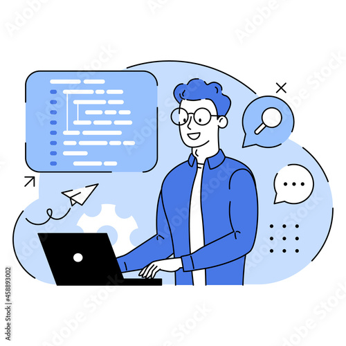 IT Programming, Support. Concept of script coding. Programming language. Programmer working on web development on computer. Software developers. Workplace of the programmer. Flat vector illustration