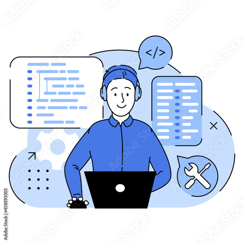 IT Programming, Support. Concept of script coding. Programming language. Programmer working on web development on computer. Software developers. Workplace of the programmer. Flat vector illustration