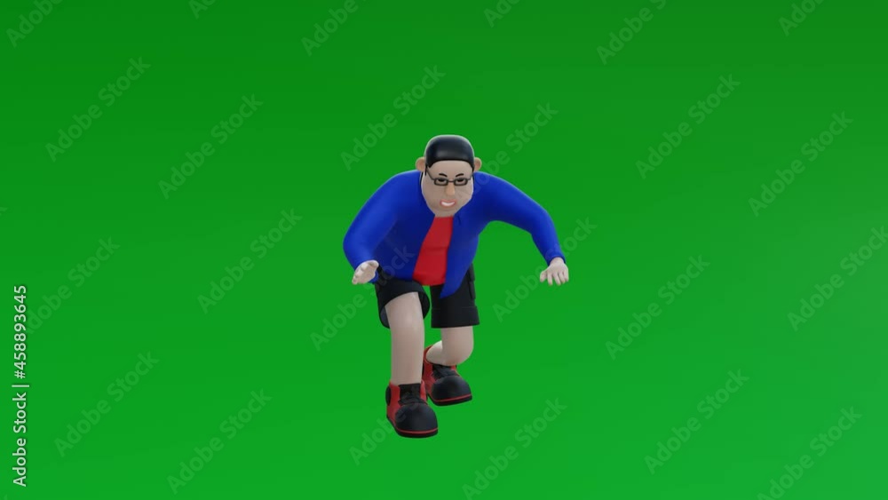 3D model, character, chubby man, wearing glasses, walking and dancing, doing somersaults, looping on green screen background. 3D Rendering. 3D model, character, chubby man, wearing glasses, walking and dancing, doing somersaults, looping on green screen background. 3D Rendering.