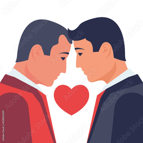 Two homosexuals bowed heads in a kiss. Same-sex marriage. People homosexuality. Male gay couple on background of the rainbow flag. Vector illustration flat design. Happy gay couple.