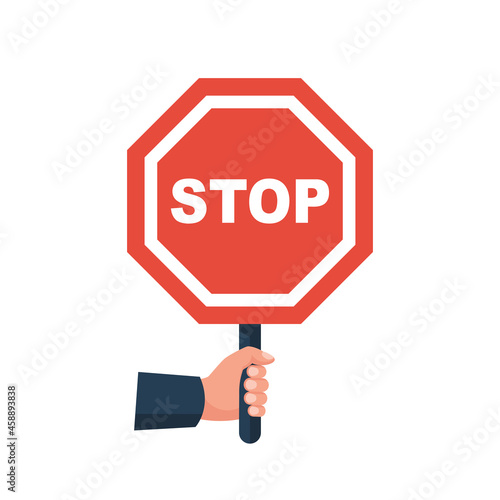 Man holds a placard with a Stop sign. Stop gesture with hand. Red sign. Vector illustration flat design. Isolated on white background.