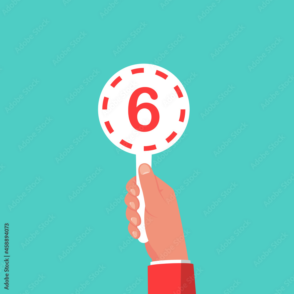 Score card 6. Number table. Digit rating on a scorecard. Human hand holding score card. Colored scorecards. Juries assessment on competition. Judges hold score. Vector design. Isolated on background. Score card 6. Number table. Digit rating on a scorecard. Human hand holding score card. Colored scorecards. Juries assessment on competition. Judges hold score. Vector design. Isolated on background.