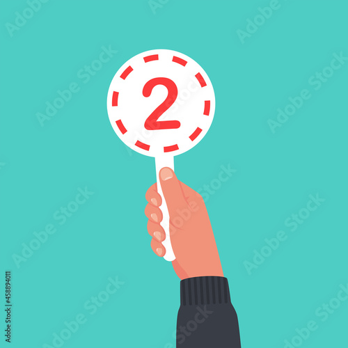 Score card 2. Number table. Digit rating on a scorecard. Human hand holding score card. Colored scorecards. Juries assessment on competition. Judges hold score. Vector design. Isolated on background.