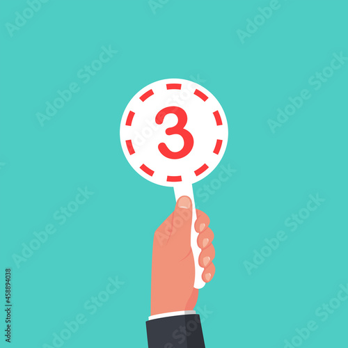 Score card 3. Number table. Digit rating on a scorecard. Human hand holding score card. Colored scorecards. Juries assessment on competition. Judges hold score. Vector design. Isolated on background.