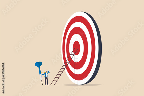 Aiming for high target mission, plan and strategy to achieve goal, business opportunity or career success journey concept, contemplate businessman hold big dart about to climb up ladder to bullseye.
