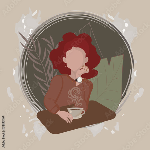 everyday life. red-haired girl with coffee listens to the interlocutor. girl drinks coffee. behind the back textural background. there is a watch on my hand. earrings in the ears.