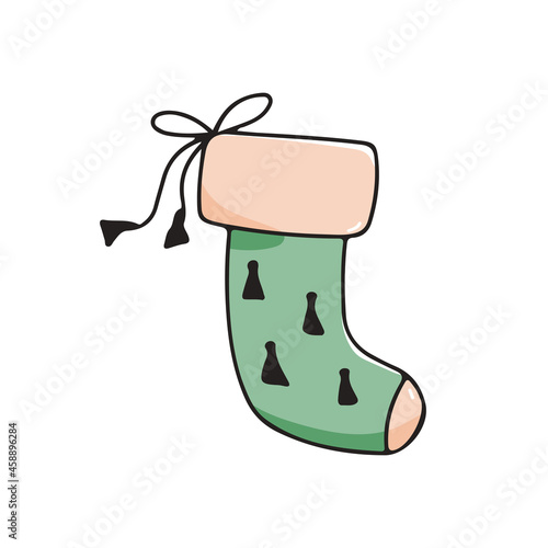 Christmas cute sock for gifts isolated on white background. Vector multicolored doodle illustration in hand drawn style.
