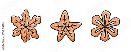 Christmas candy set of cute snowflake cookies isolated on white background. Vector multicolored doodle illustration in hand drawn style.