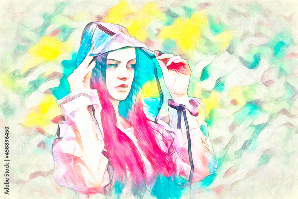 Young beautiful woman in hooded raincoat on rainy day. Oil painting in colorful colors. Young beautiful woman in hooded raincoat on rainy day. Oil painting in colorful colors.