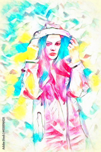 Young beautiful woman in hooded raincoat on rainy day. Oil painting in colorful colors.