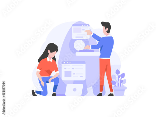 Business startup developer doing rocket launch date development setting people character flat design style Vector Illustration 