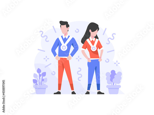 Vector Illustration Business finance man and woman best employee because of hardwork medal achievement hard worker people character flat design style