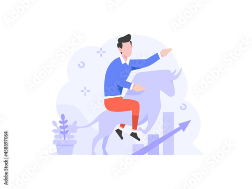 business finance man ride bull profit graph chart financial growth increase income arrow people character flat design style Vector Illustration 