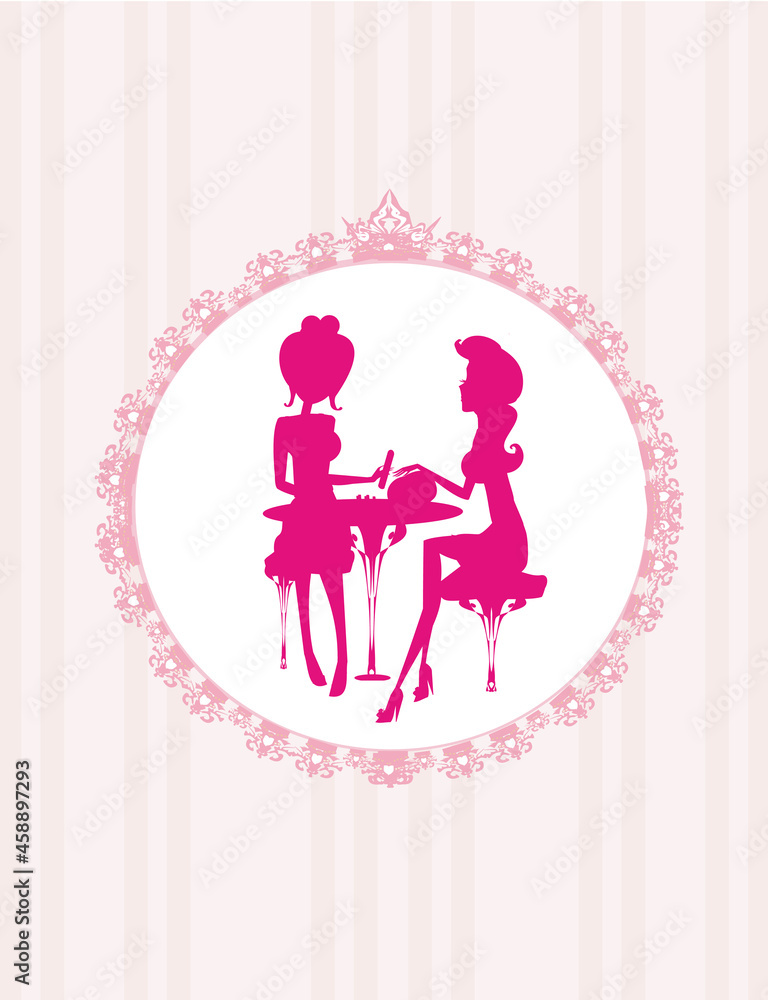 manicure in beauty salon, pink decorative card