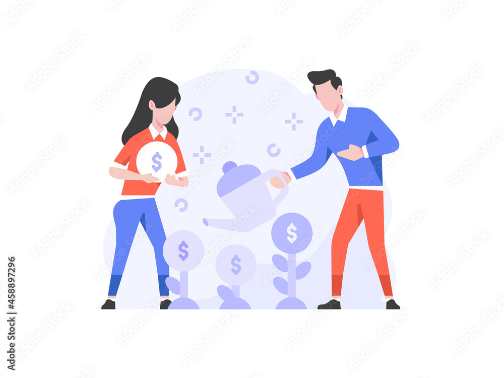 Vector Illustration business finance man and women doing money grow strategy plant teamwork branding people character flat design style