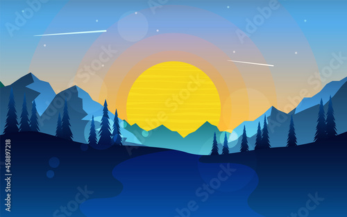Discovering, exploring, adventure. Mountains Forest. Night, Day, Sunset. Polygonal landscape. Flat illustration. Minimalist style graphic design for flyers, banners, background, coupon, voucher © Mariia