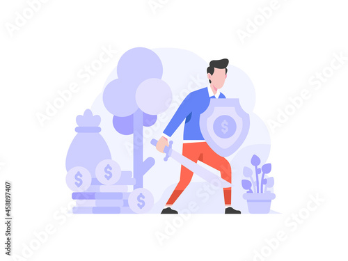 Vector Illustration Business finance man protection protect money from cyber shielding defending safe internet people character flat design style