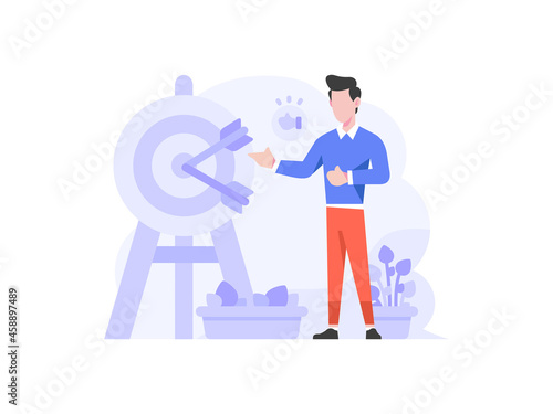 Vector Illustration Business and finance man doing presentation targeting target market business goals people character flat design style