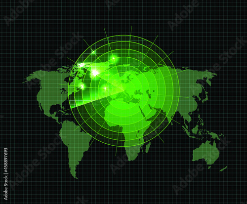 Vector Glowing Radar on World Map, Green Circles, Technology Illustration Template, Shining Focal Points.