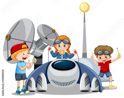 Children building spaceship together on white background