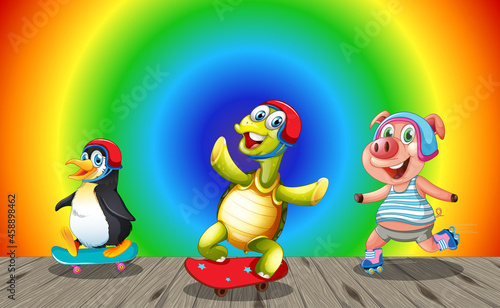 Funny animals doing different activities on rainbow gradient background