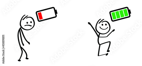 Life energy. Stickman, Businessman with red low battery and stick man, business man with green full level. Charge indicator pictogram or logo. Happy and unhappy, Energetic, tired or exhausted symbol