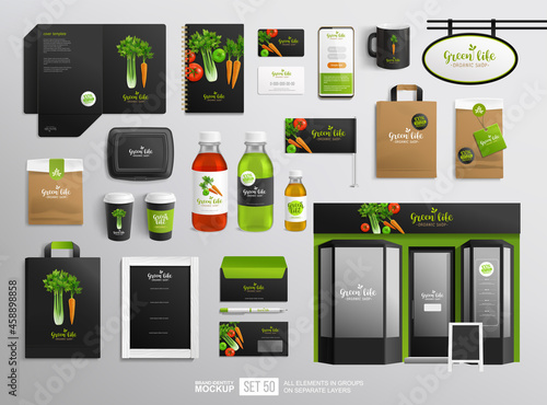 Branding identity Mock-Up set of Vegetables logo and stationary for Vegan Cafe, restaurant and natural organic food shop. Logo template with vector Vegetables. Branding mockup food package