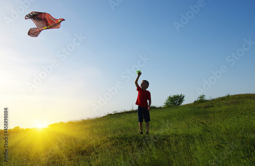  Little boy playing with kite on field