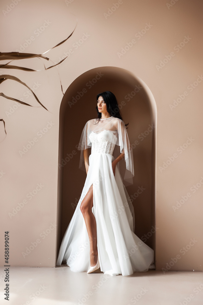 Fototapeta premium Fashion bride in gorgeous wedding dress studio portrait. Beautiful model girl with bridal makeup and hairstyle in marriage lace dress. Luxury fashion wedding dress on beauty lady